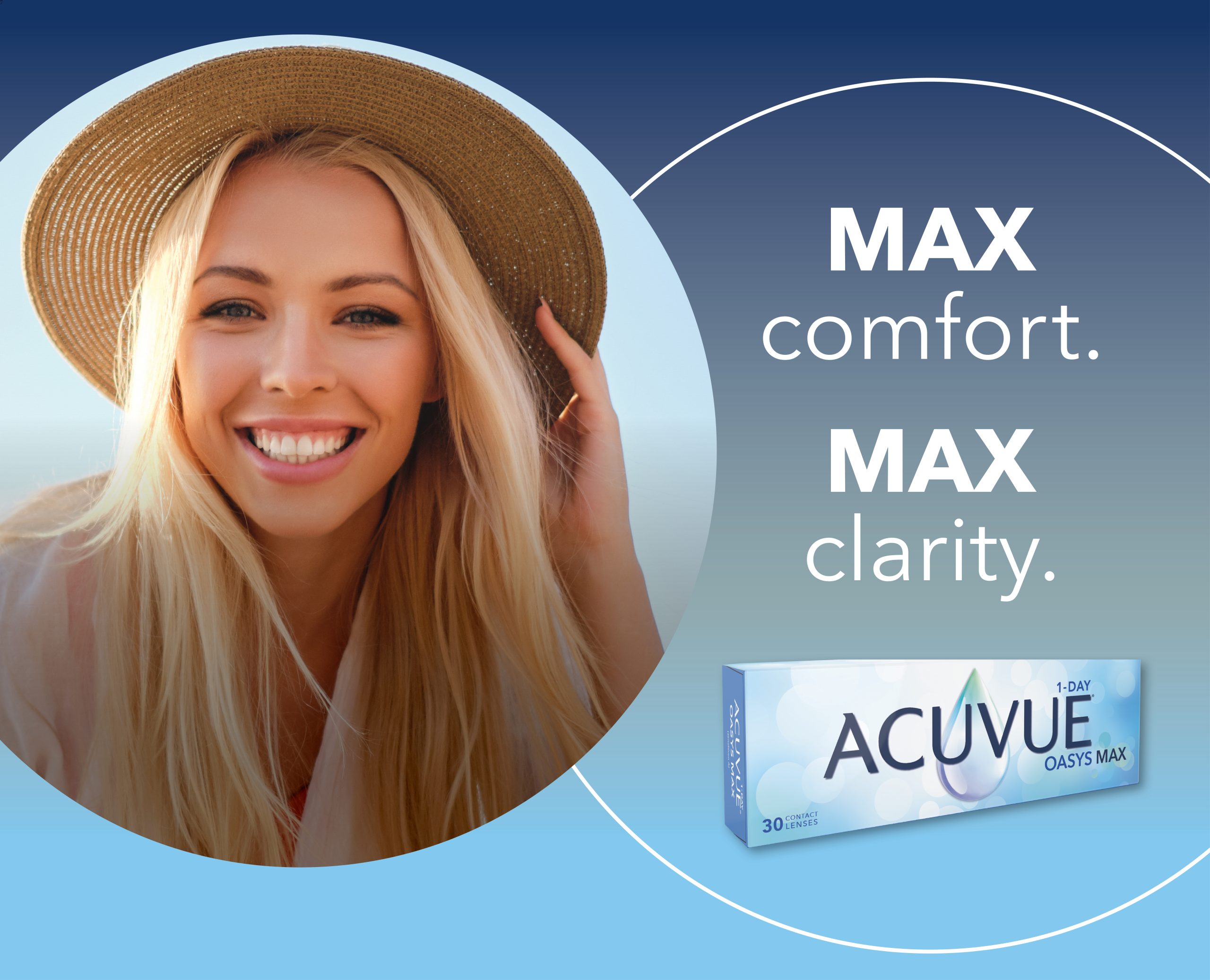Blond woman wearing a hat. Max comfort. Max Clarity Acuvue contact lenses
